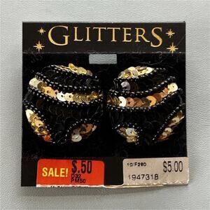 GLITTERS Black & Gold Round Beaded Earrings, Butterfly Closure, Pierced Lobes